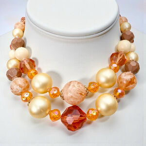 Vintage West Germany Beaded Necklace Amber Topaz Faux Pearl Double Strand 1950s